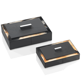 Luxury Italian Black Leather Box * Polished Horn Accents * Custom Made To Order * Large: 6 x 28 x 20 cm 