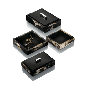  Luxury Custom Made Black Italian Leather Jewelry Tray * Horn Accents * Sq: 7 inches