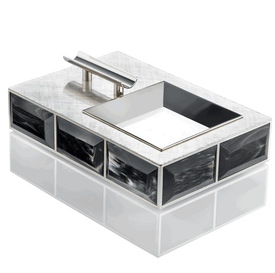 Luxury Custom Made Gentleman's Brushed Chromed Brass Cigar Ashtray * Horn Accents * 2 x 9 x 6 inches