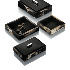 Luxury Custom Made Black Italian Leather Jewelry Tray * Horn Accents * Sq: 9 inches